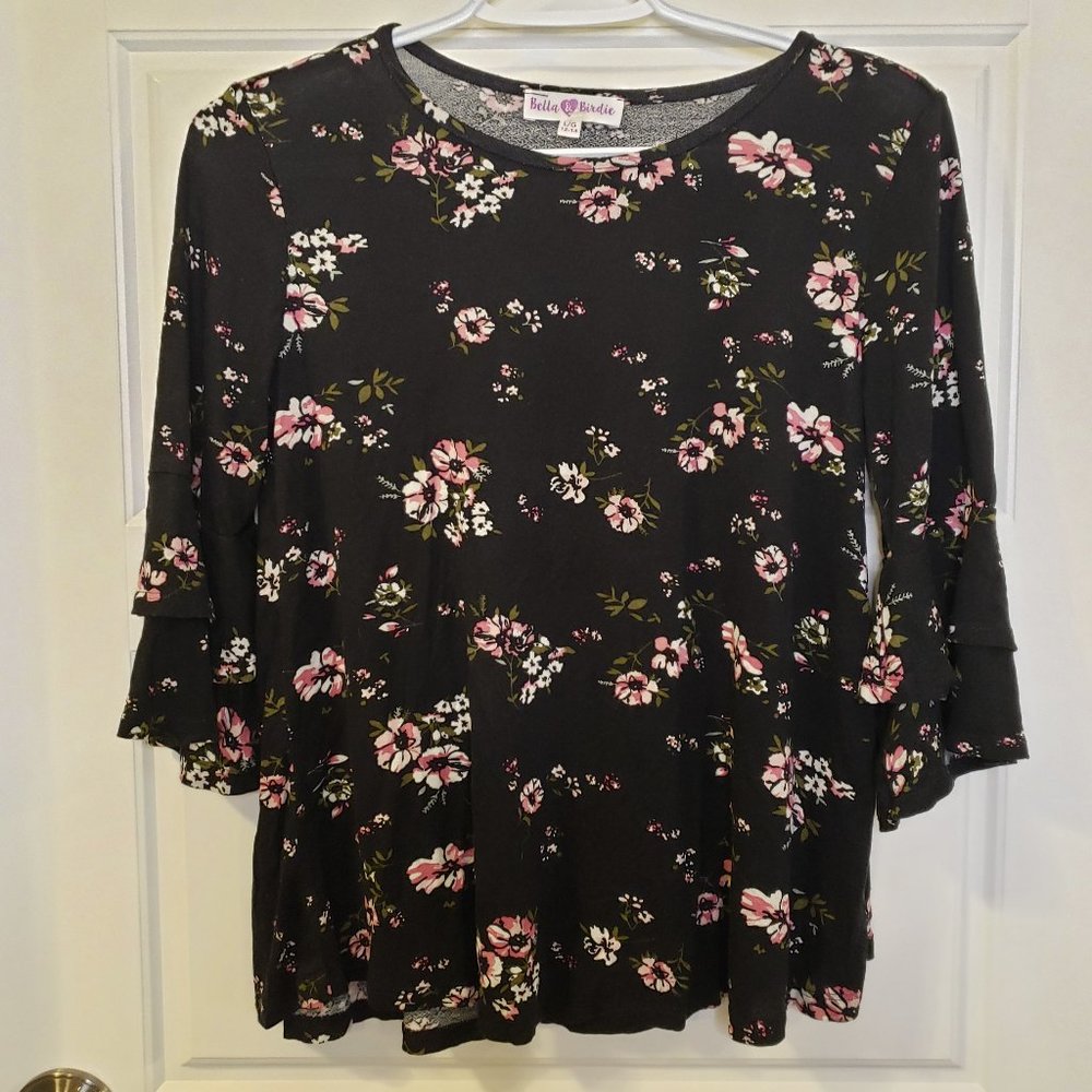 Bella & Birdie Girl's Black Floral 3/4 Ruffled Sleeve Blouse-Size Large or 12-14